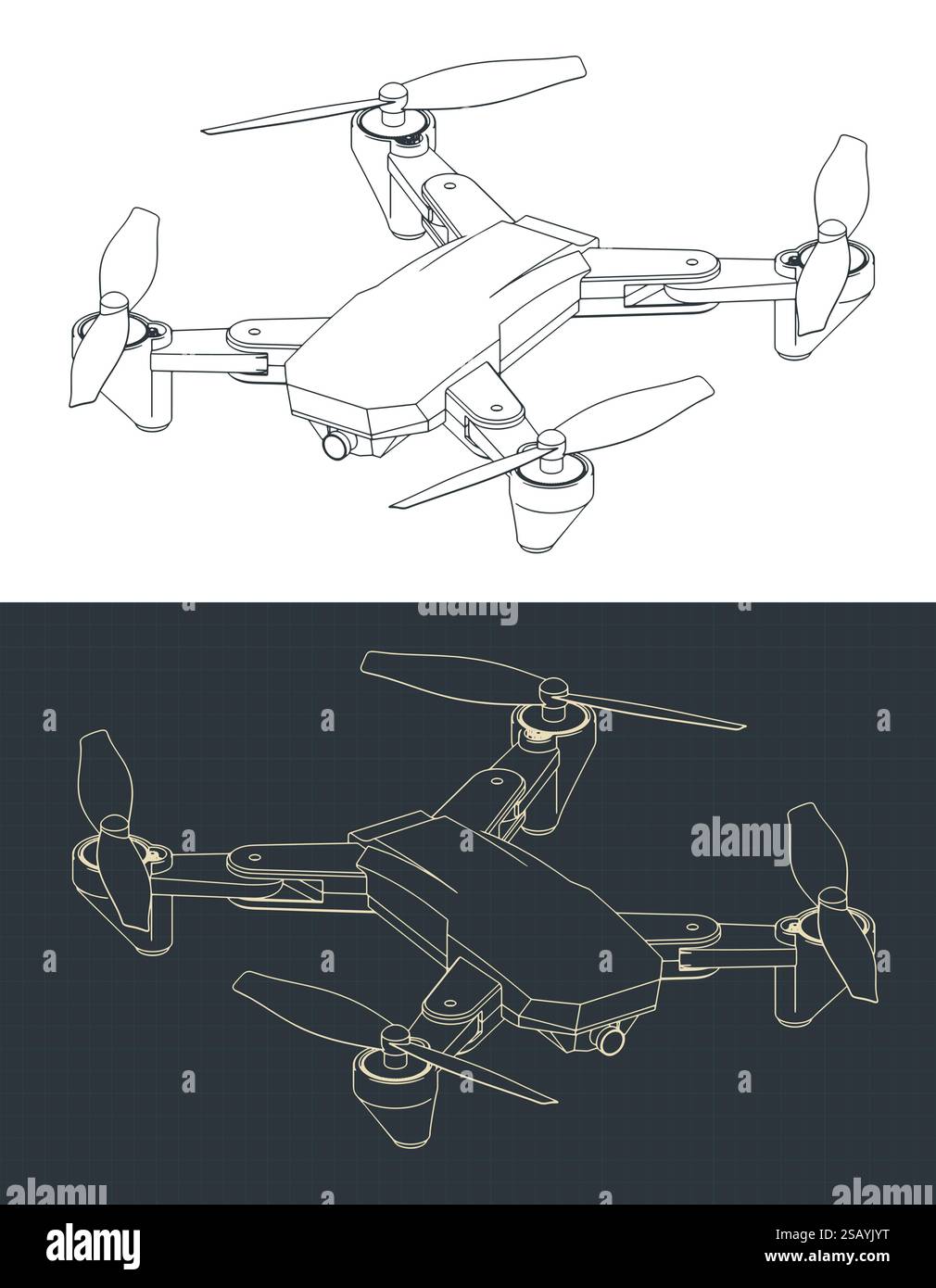 Stylized vector illustrations of a folding drone blueprints Stock Vector