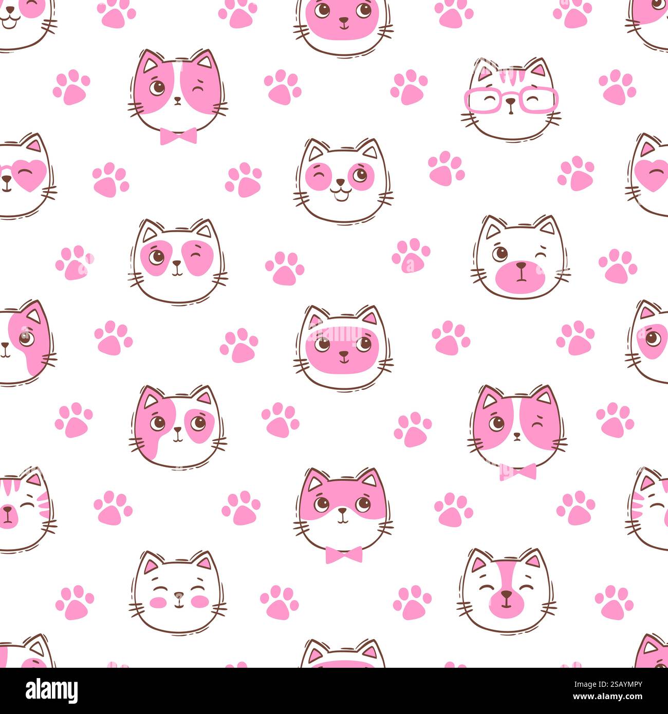 Vector hand drawn seamless pattern. Pink cat face and paw prints on a ...