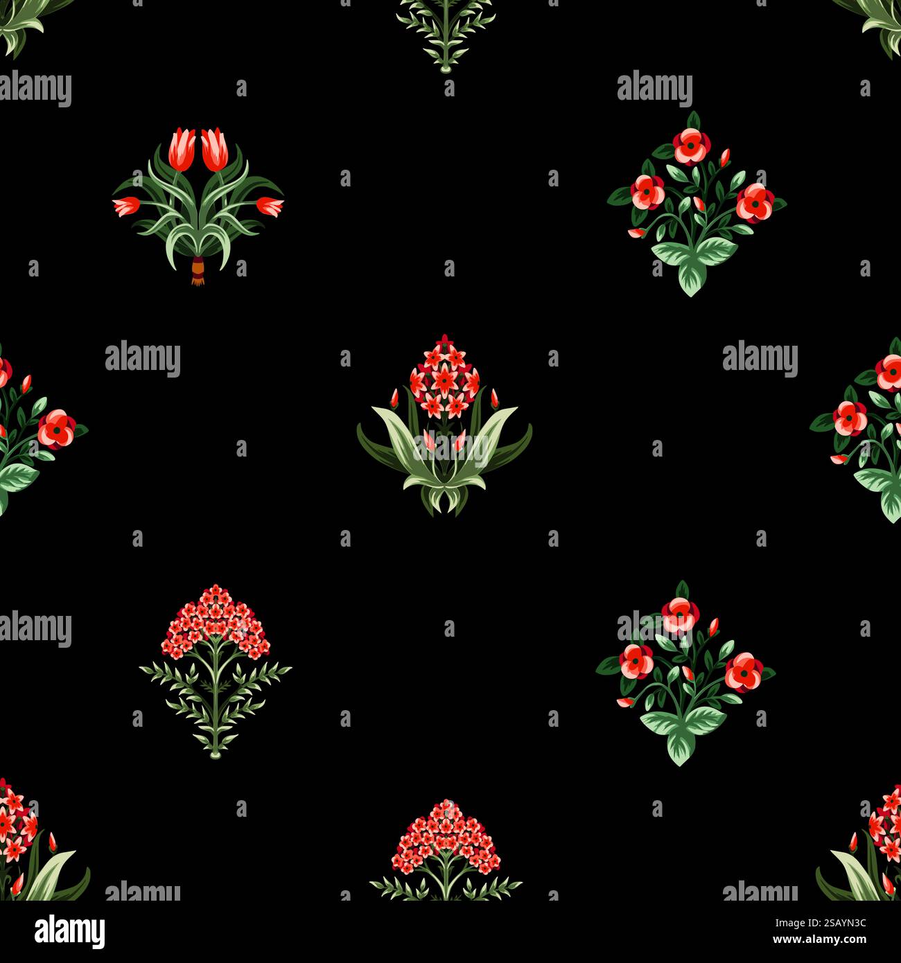 Ditsy seamless pattern with symmetrical flowers. Vector. Stock Vector