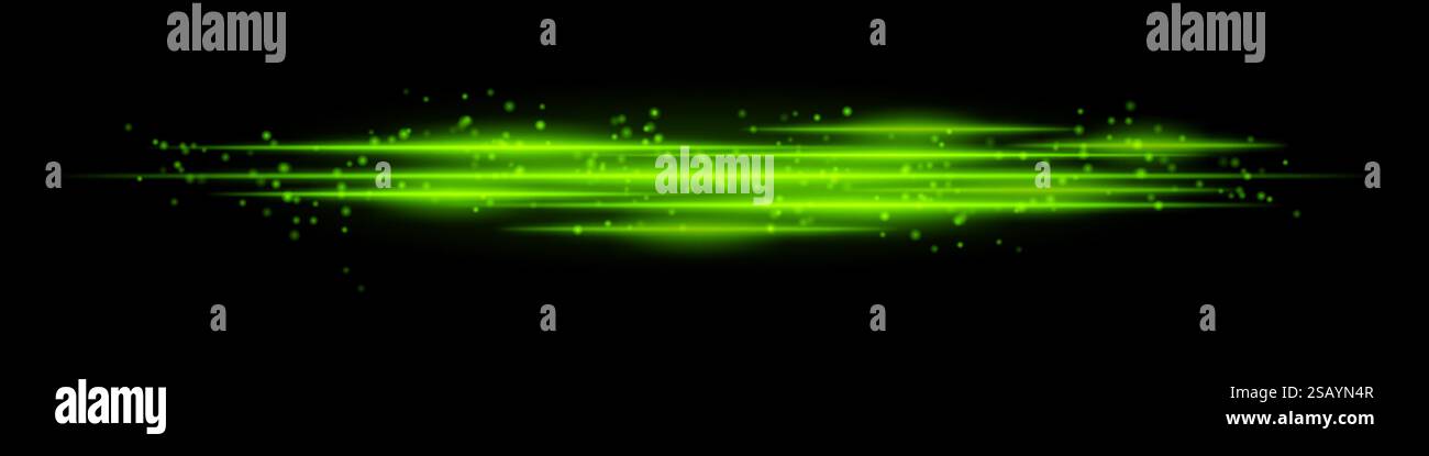 Realistic green light streaks with glowing particles on a black ...