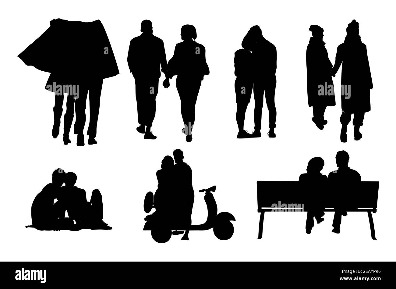 Love couples dating, hugging, walking silhouettes Stock Vector Image ...