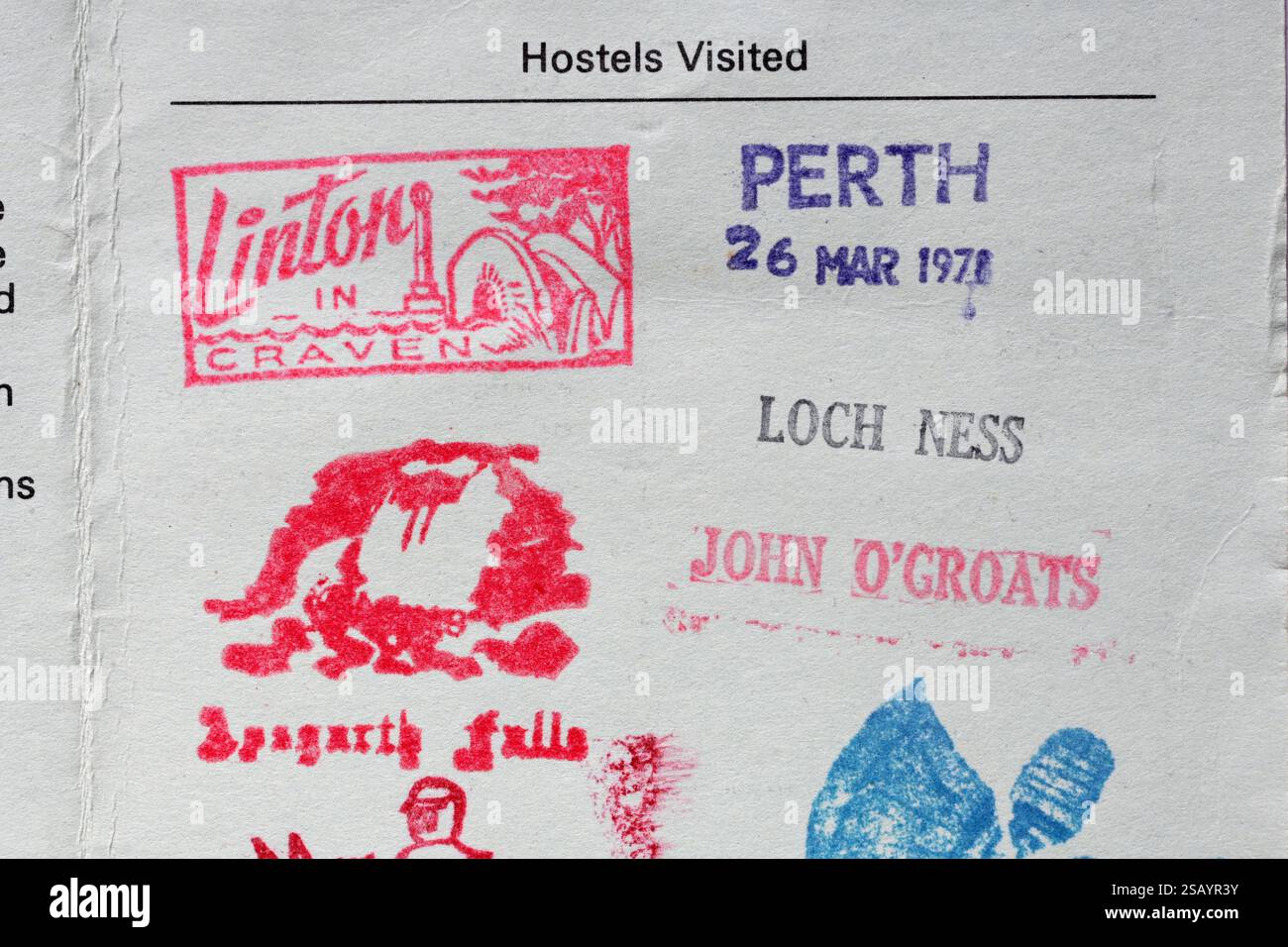 Vintage Rubber Stamps of Youth Hostels, incl Loch Ness & John O'Groats, Visited in UK in 1978. Youth Hostels Association England and Wales Stock Photo