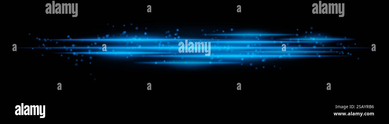 Realistic blue light streaks with glowing particles on a black ...
