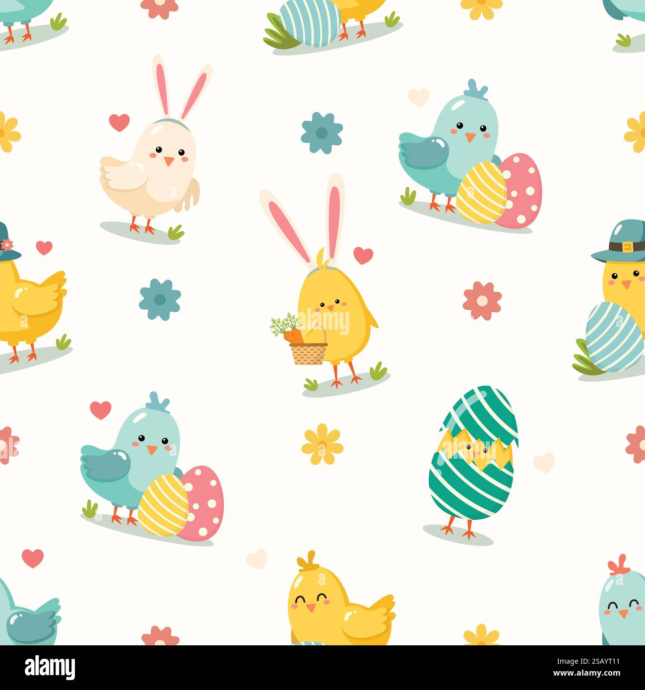 Colorful easter cute chicks birds seamless pattern. Happy Easter concept. Stock Vector