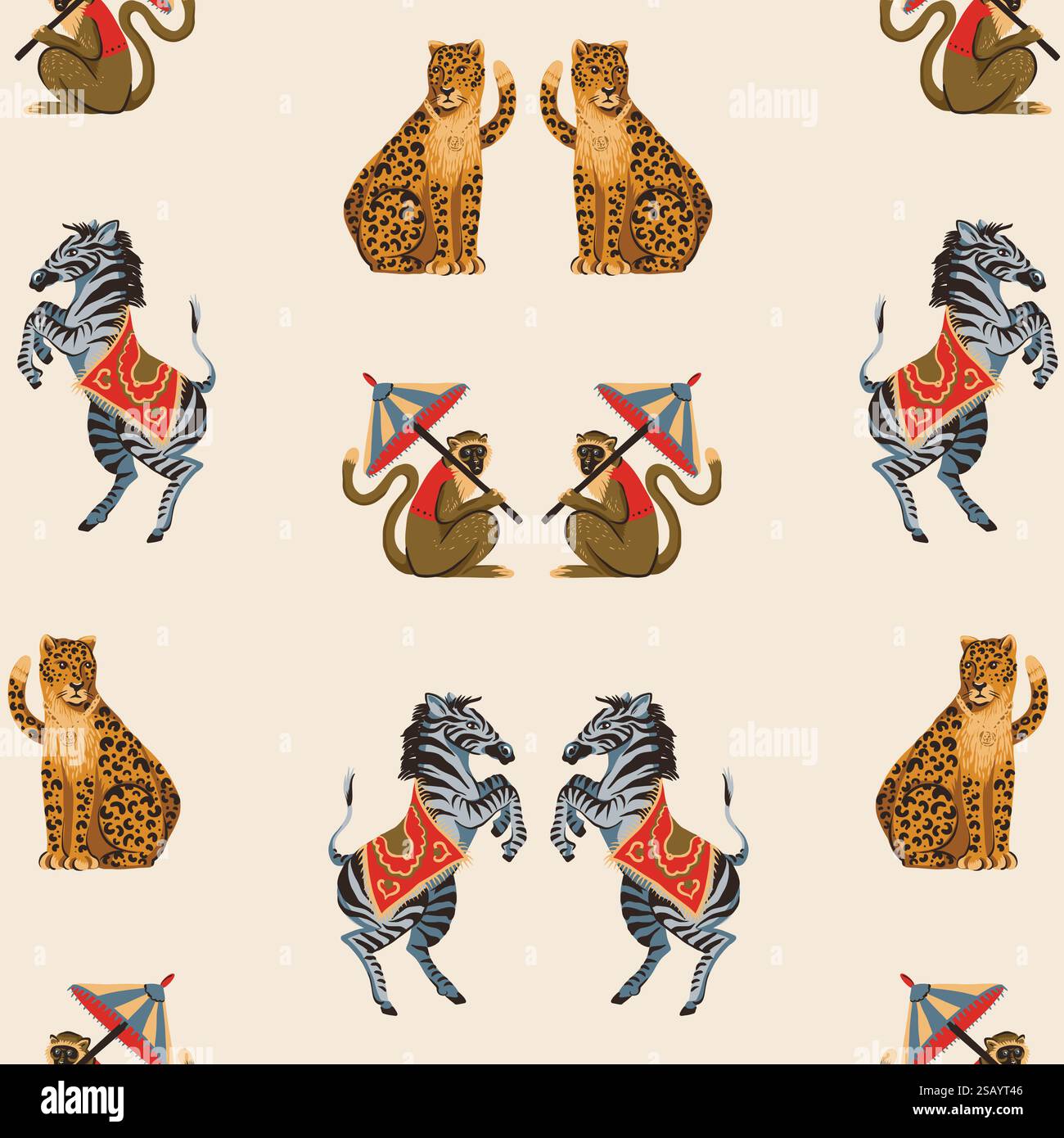 Seamless pattern with zebra, leopard and monkey. Vector. Stock Vector
