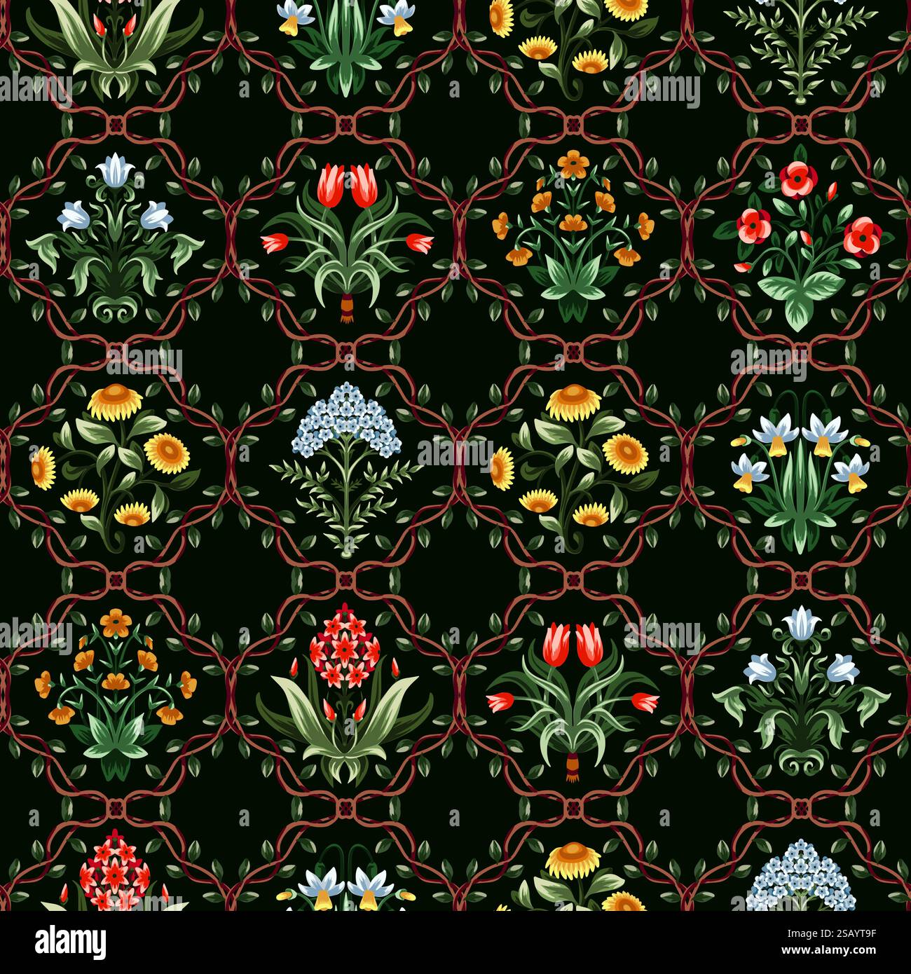 Ditsy seamless pattern with symmetrical flowers. Vector. Stock Vector