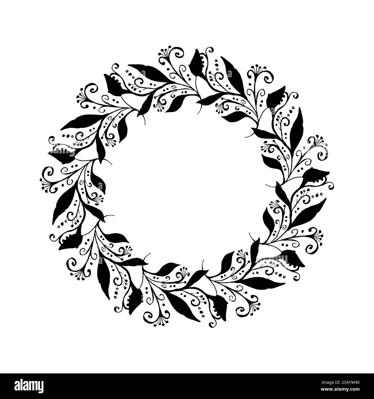 Hand drawn black and white wreath silhouette abstract floral motif with ...
