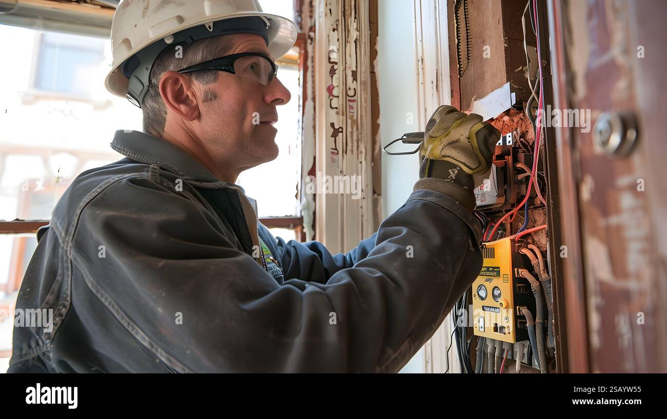 A professional electrician is carefully updating and modernizing the
