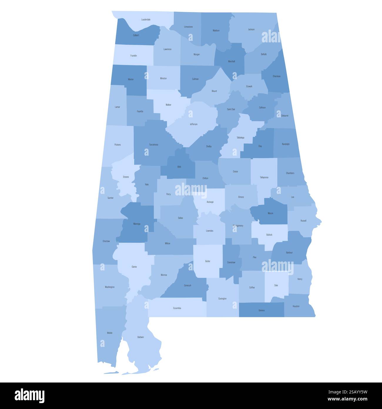 Alabama AL Detailed Political Map Of US State Administrative Map Alabama Al Detailed Political Map Of Us State Administrative Map Divided Into Counties Blue Map With County Name Labels Vector Illustration 2SAYY5W
