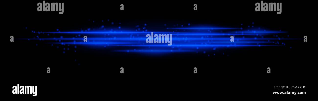 Realistic blue light streaks with glowing particles on a black ...