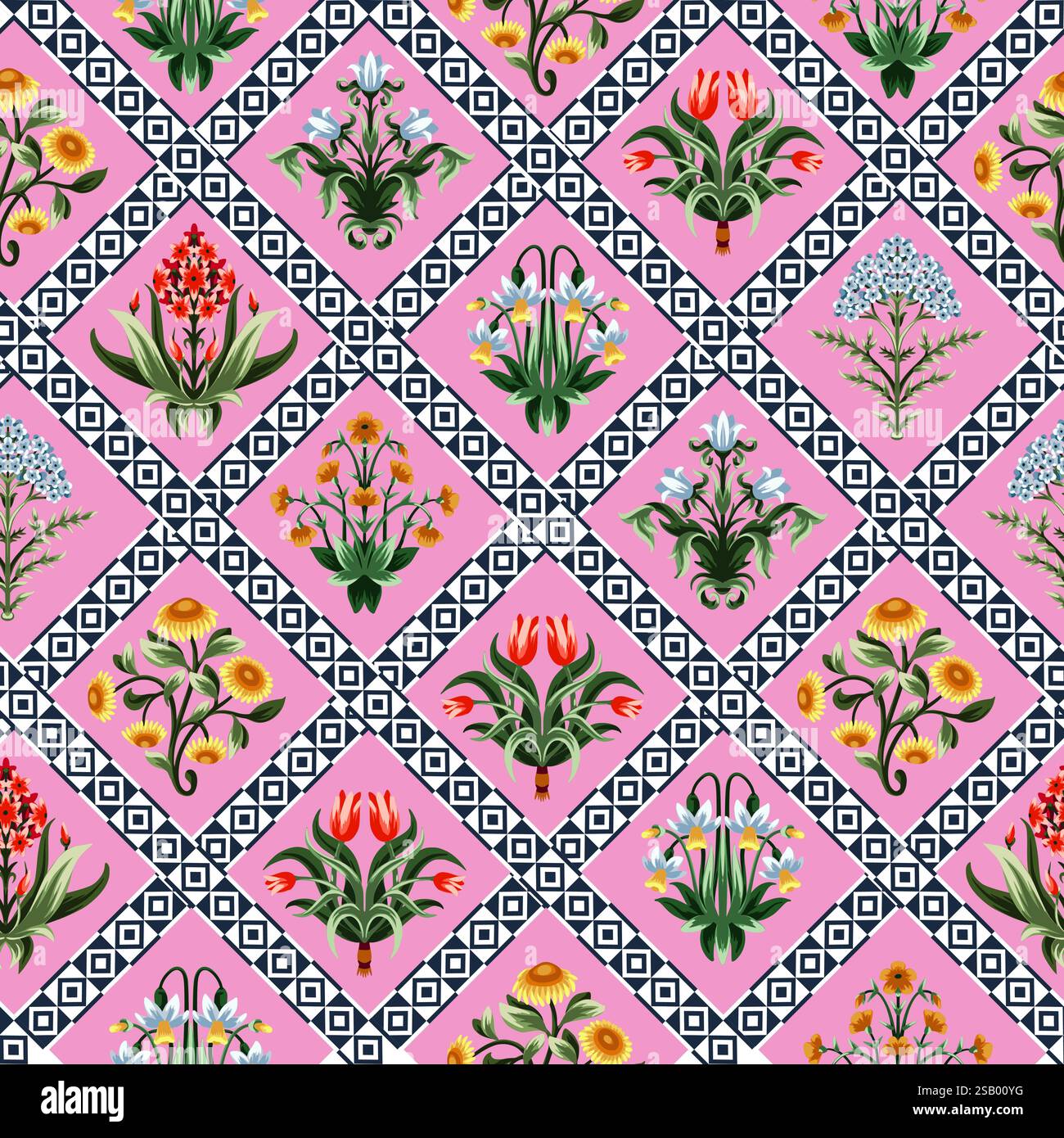 Ditsy seamless pattern with symmetrical flowers. Vector. Stock Vector