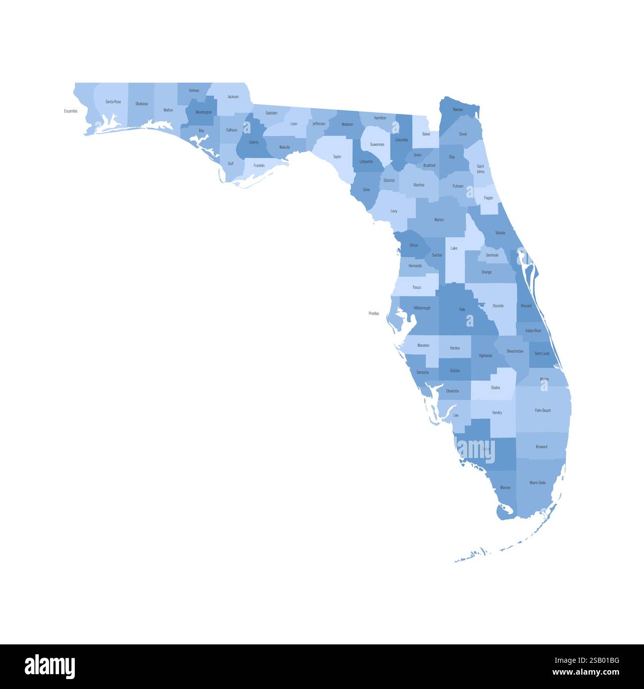 Florida FL detailed political - Florida Fl Detailed Political Map Of Us State Administrative Map Divided Into Counties Blue Map With County Name Labels Vector Illustration 2SB01BG 