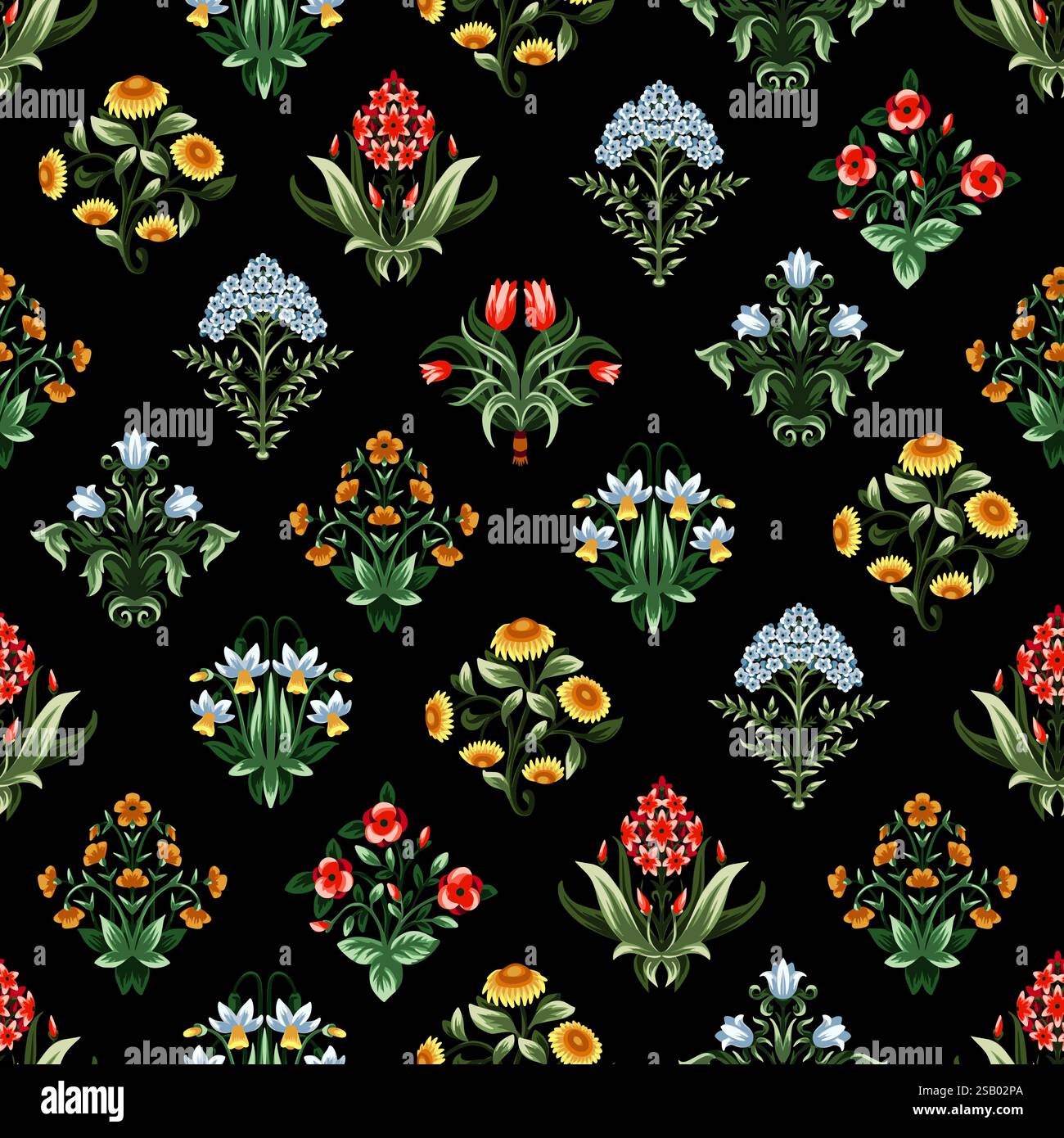Ditsy seamless pattern with symmetrical flowers. Vector. Stock Vector