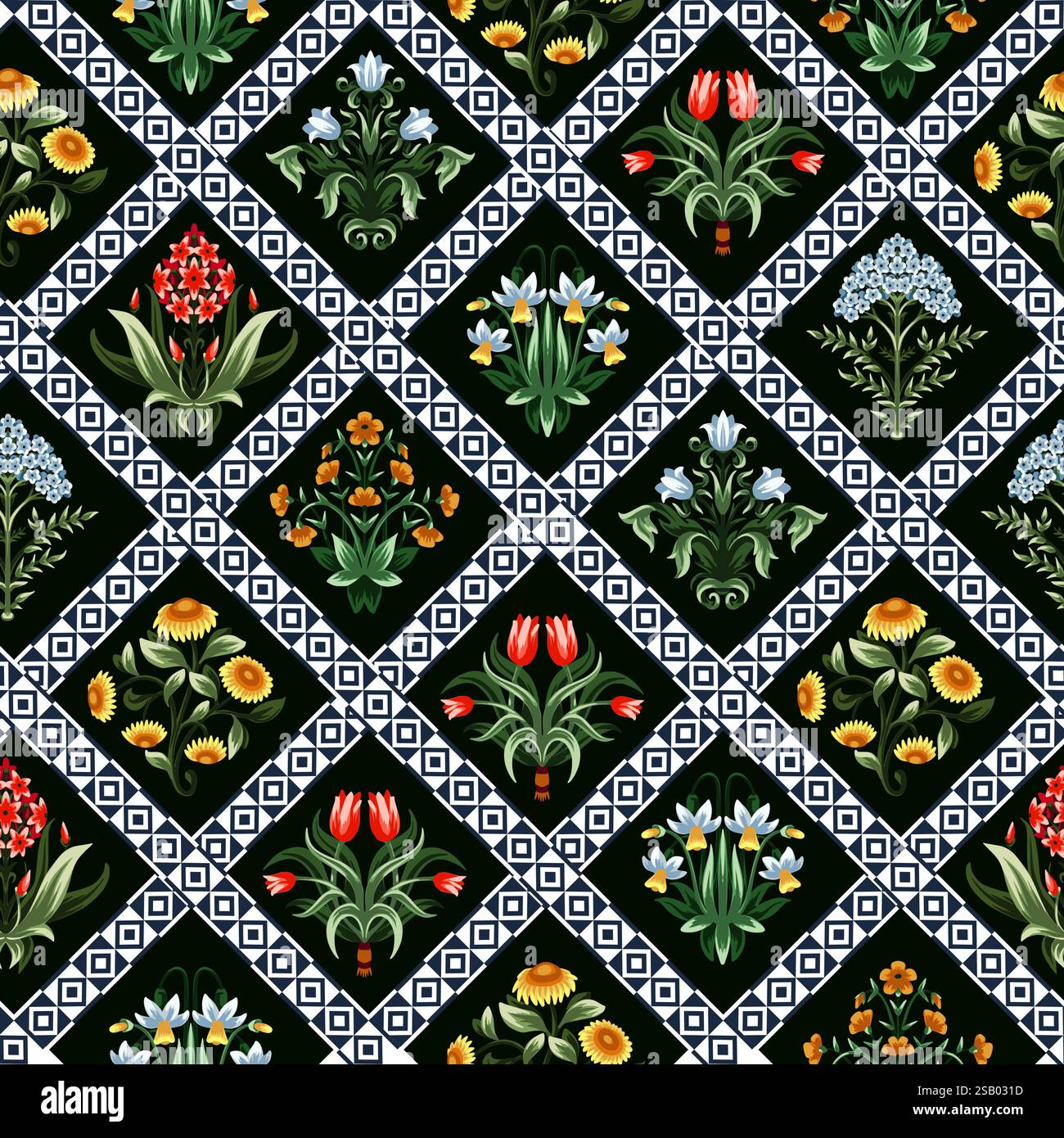 Ditsy seamless pattern with symmetrical flowers. Vector. Stock Vector
