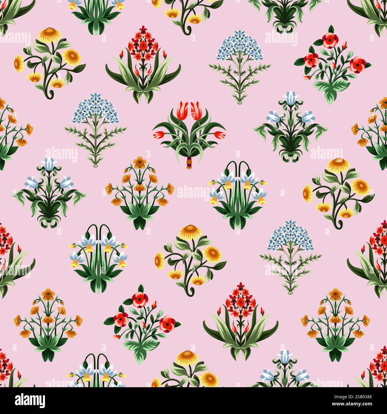 Ditsy seamless pattern with symmetrical flowers. Vector. Stock Vector