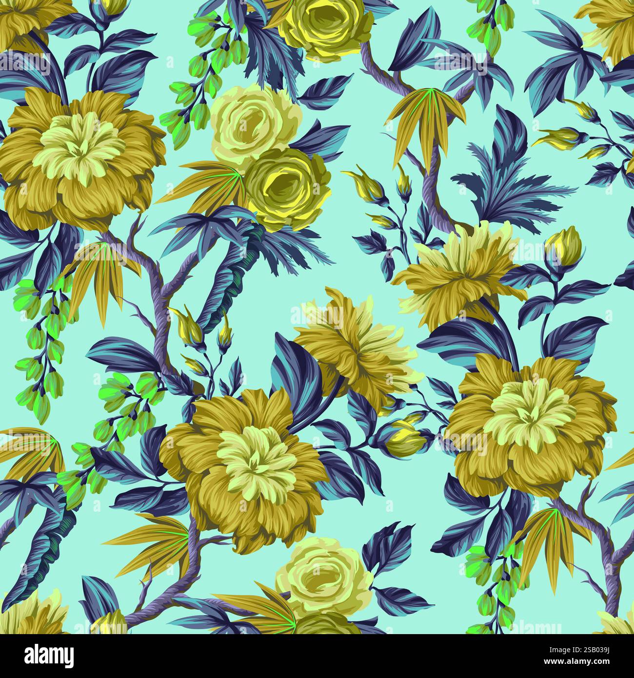 Seamless pattern with Chintz flowers and leaves. Vector. Stock Vector