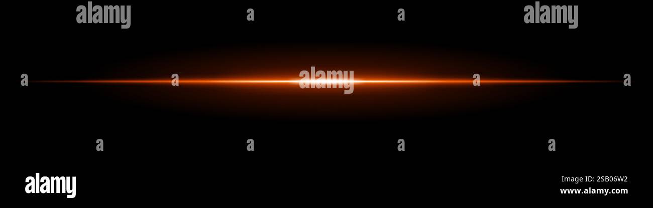 Horizontal light flare on a black background. Glowing orange beam with ...