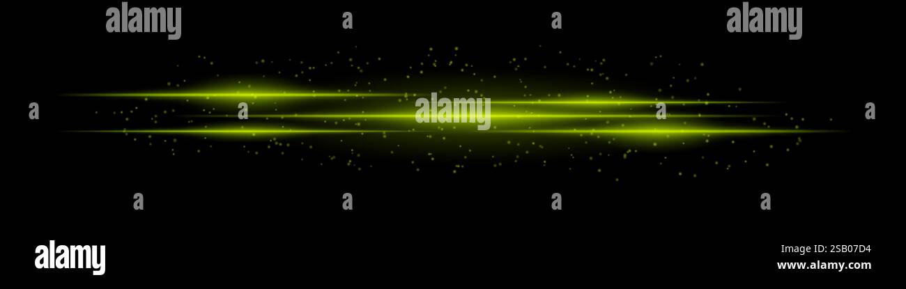 Realistic green light streaks with glowing particles on a black ...