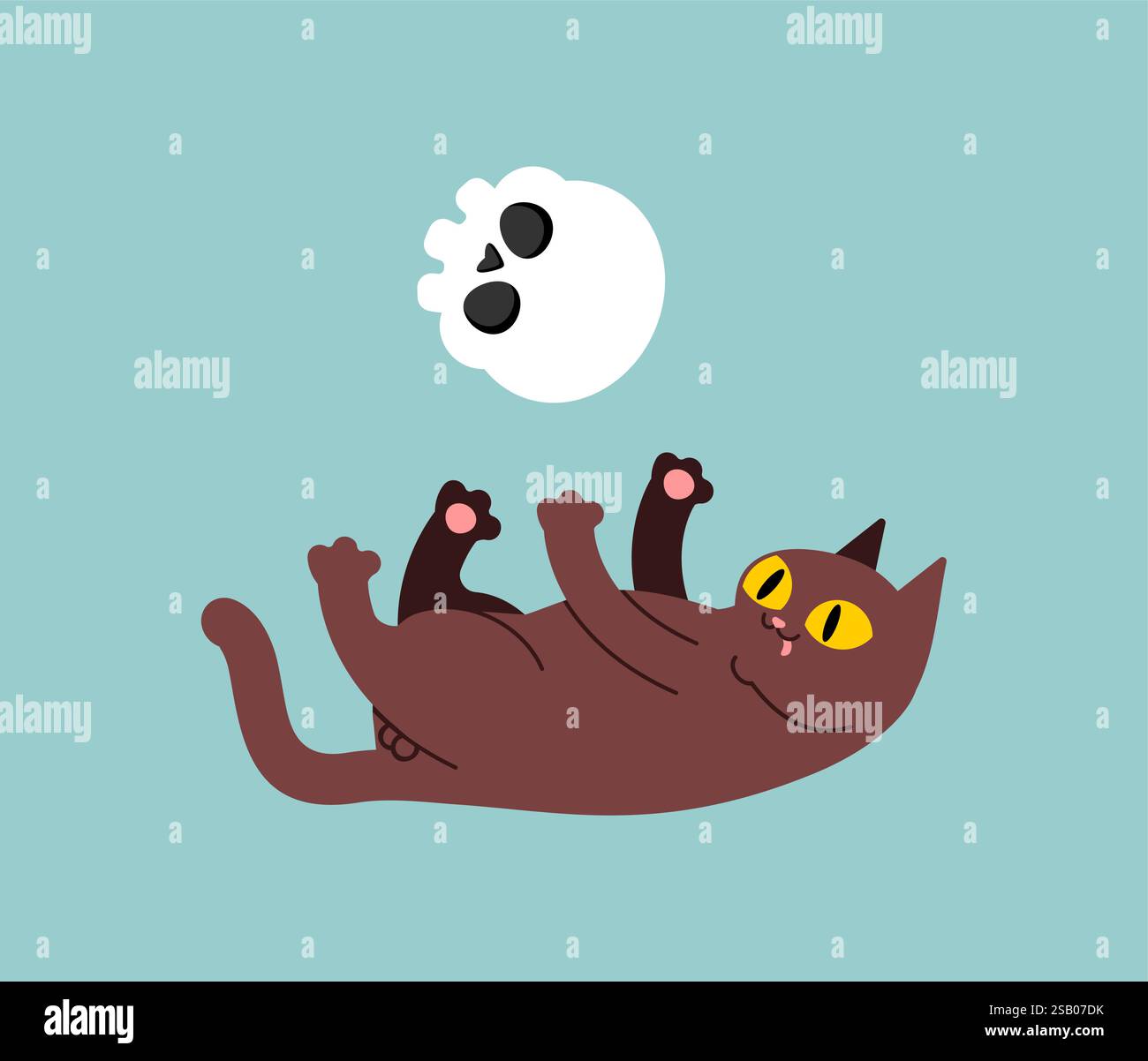 Cat plays with skull. Cat and skeleton head. Stock Vector
