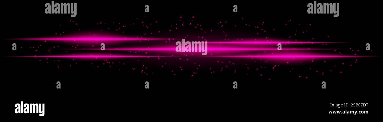 Realistic purple light streaks with glowing particles on a black ...