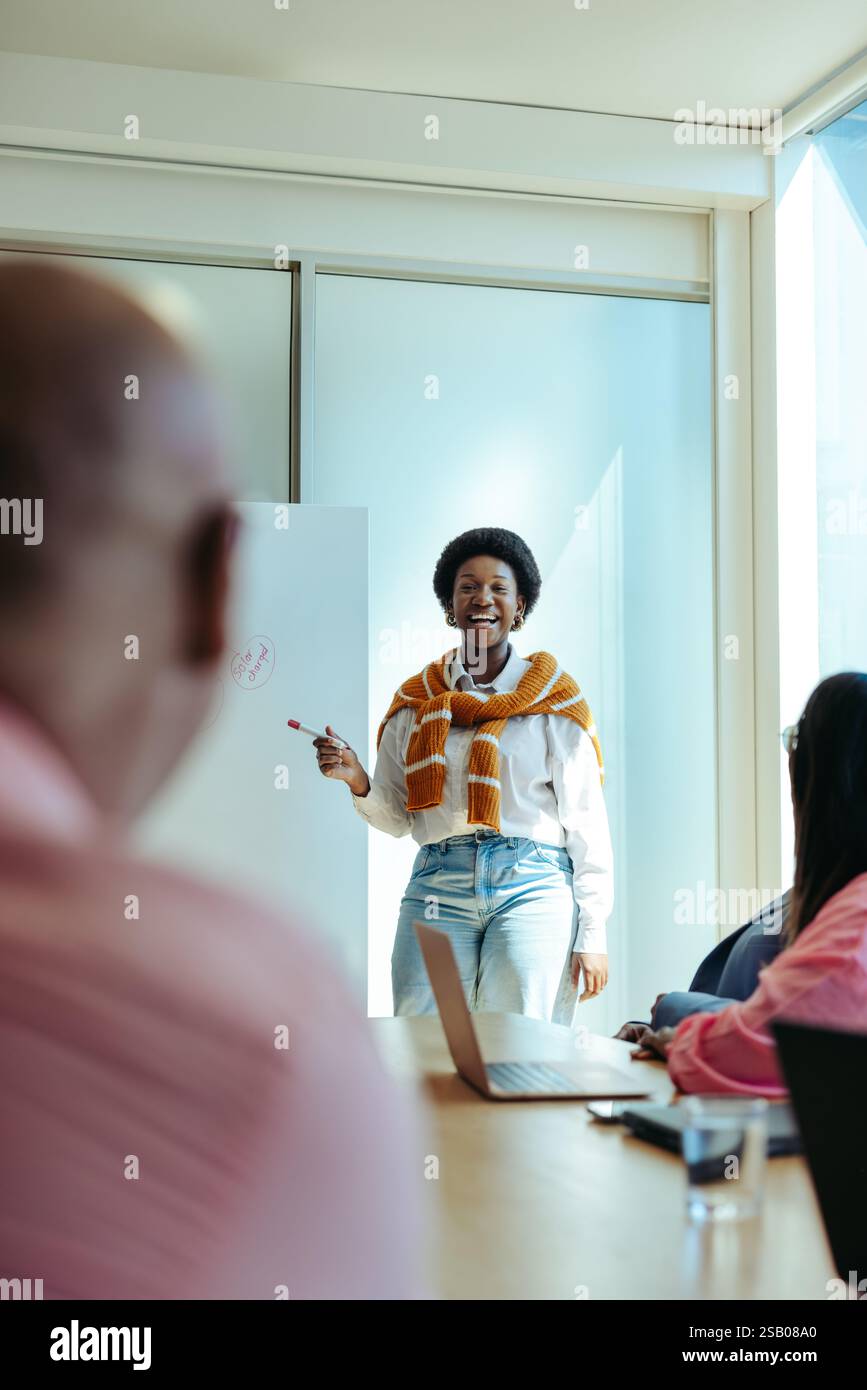 A female team leader conducts a presentation in a contemporary office ...