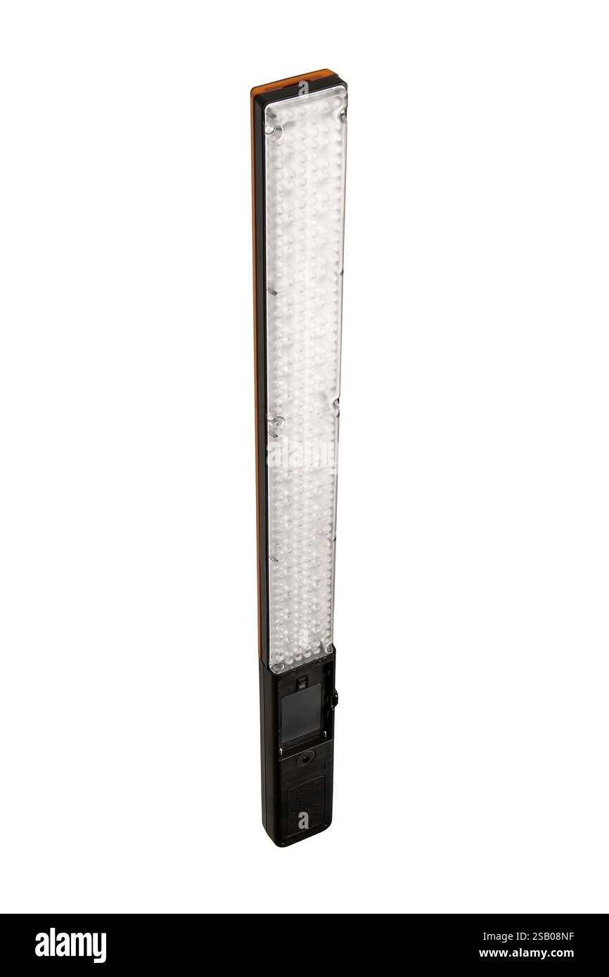 A rectangular LED light panel with a black handle, featuring multiple small LED bulbs covered by a transparent plastic cover, used for photography or Stock Photo
