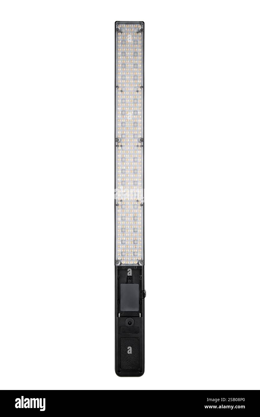 A rectangular LED light panel with a black handle, featuring multiple small LED bulbs covered by a transparent plastic cover, used for photography or Stock Photo