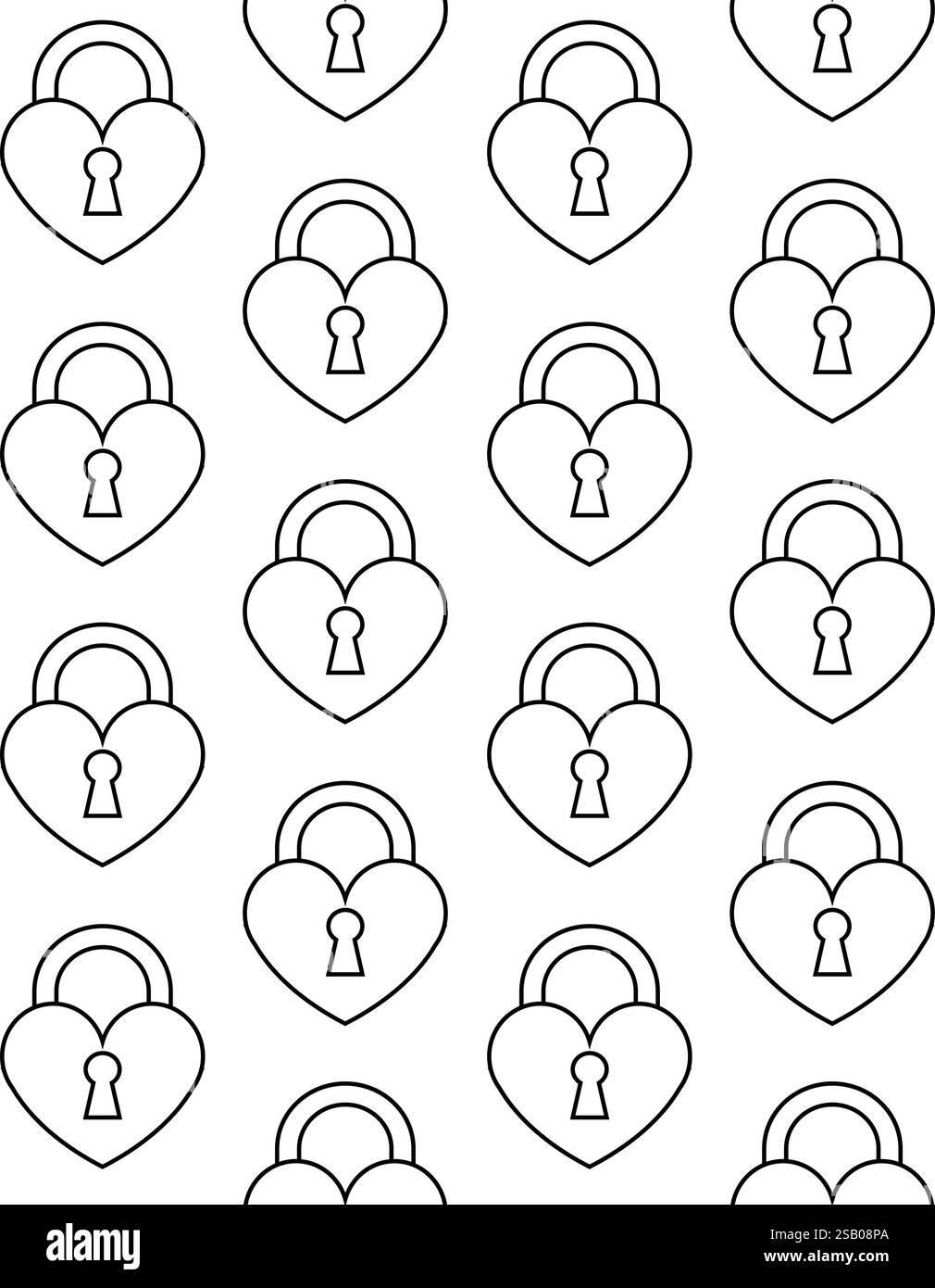 Vector seamless pattern of flat outline heart lock isolated on white background Stock Vector
