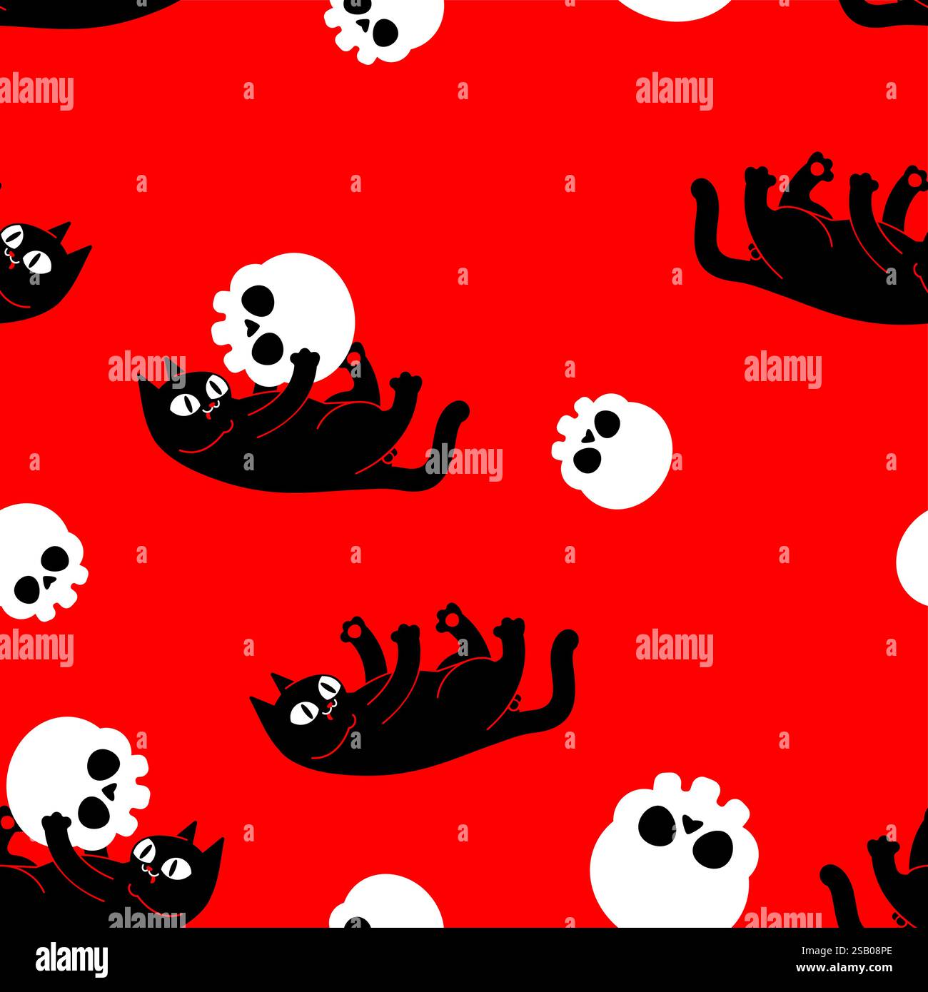 Cat plays with skull pattern seamless. Cat and skeleton head background. Stock Vector