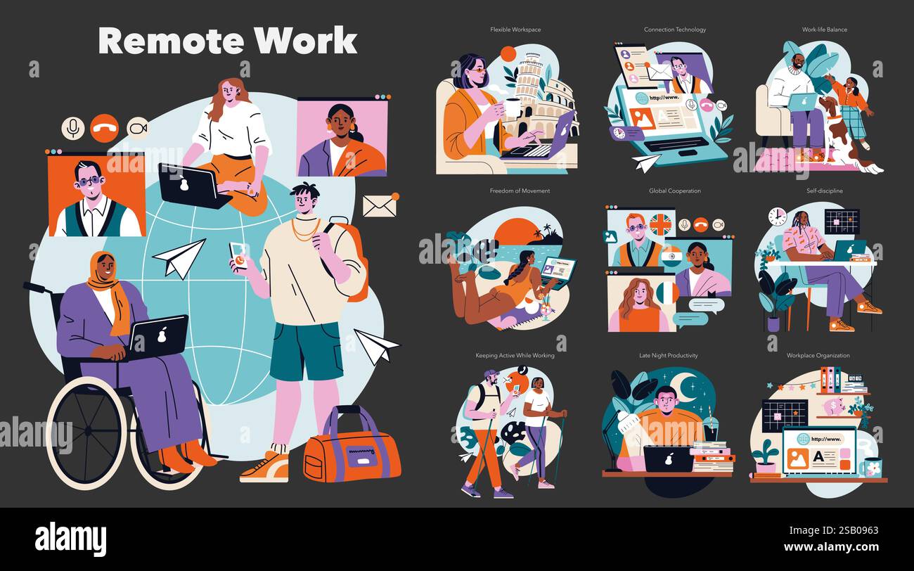 Remote Work set. Illustrating the versatility and inclusivity of modern ...