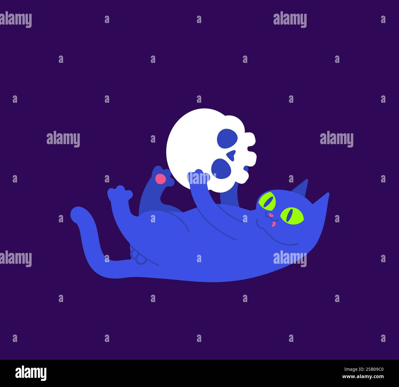 Cat plays with skull. Cat and skeleton head. Stock Vector