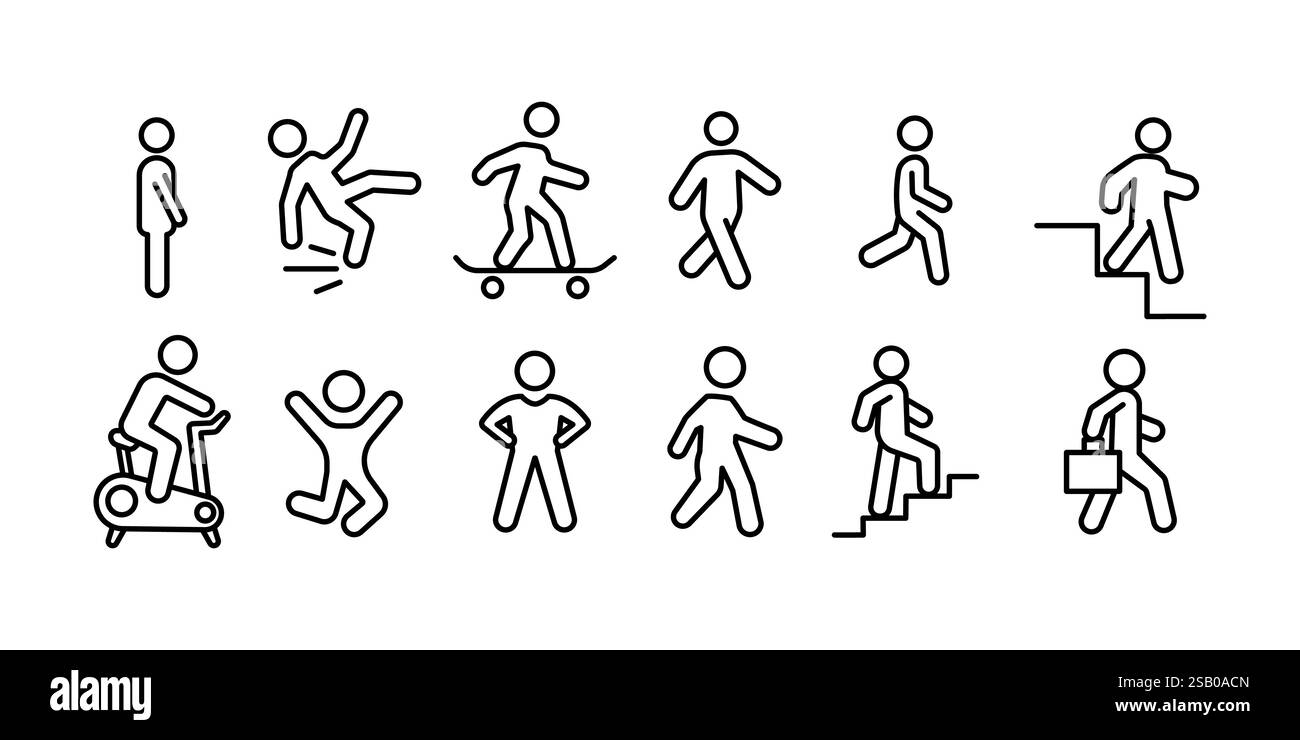 Vector set of man standing walking running sitting lying pointing in different poses line icons. Stock Vector