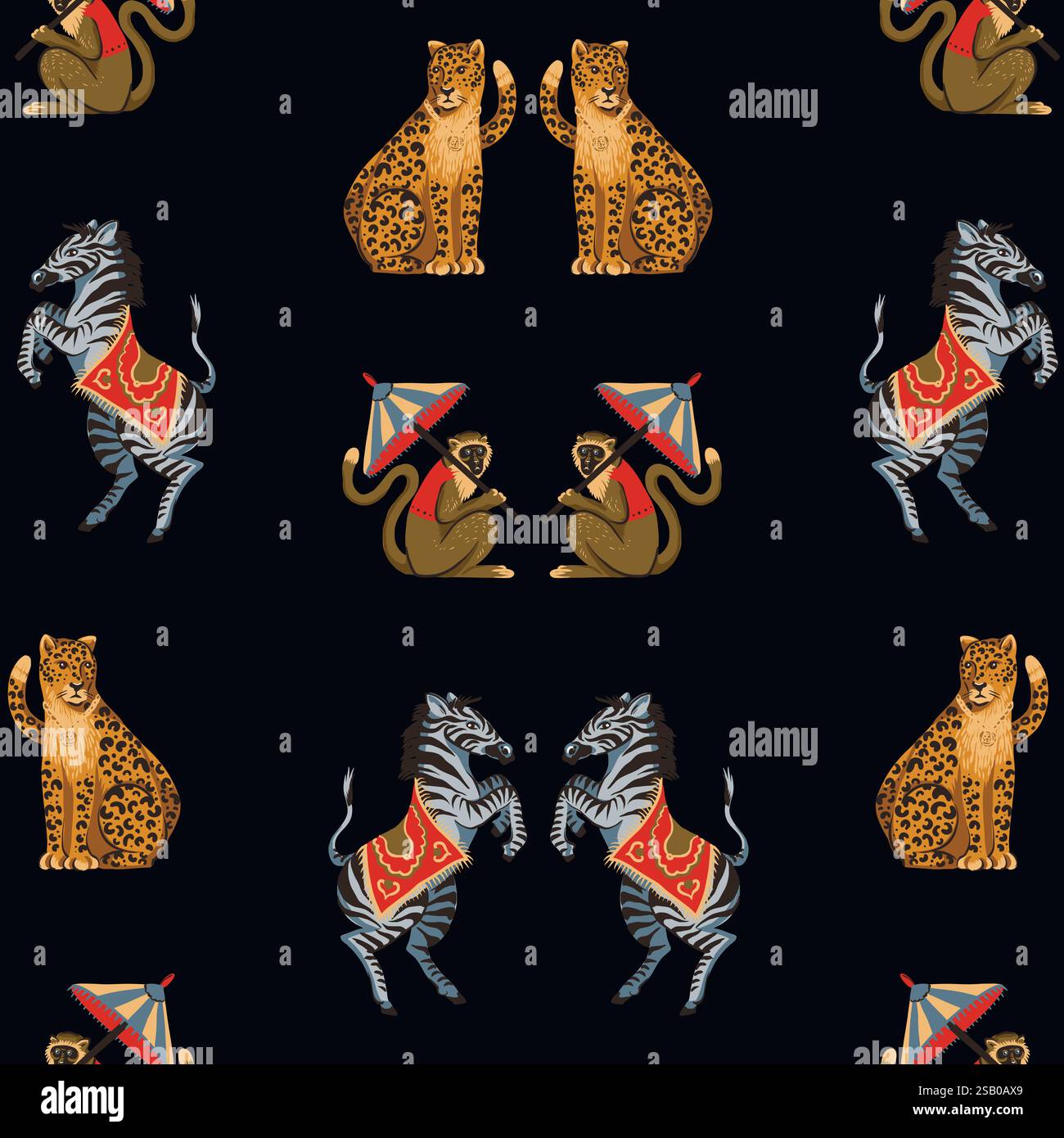 Seamless pattern with zebra, leopard and monkey. Vector. Stock Vector