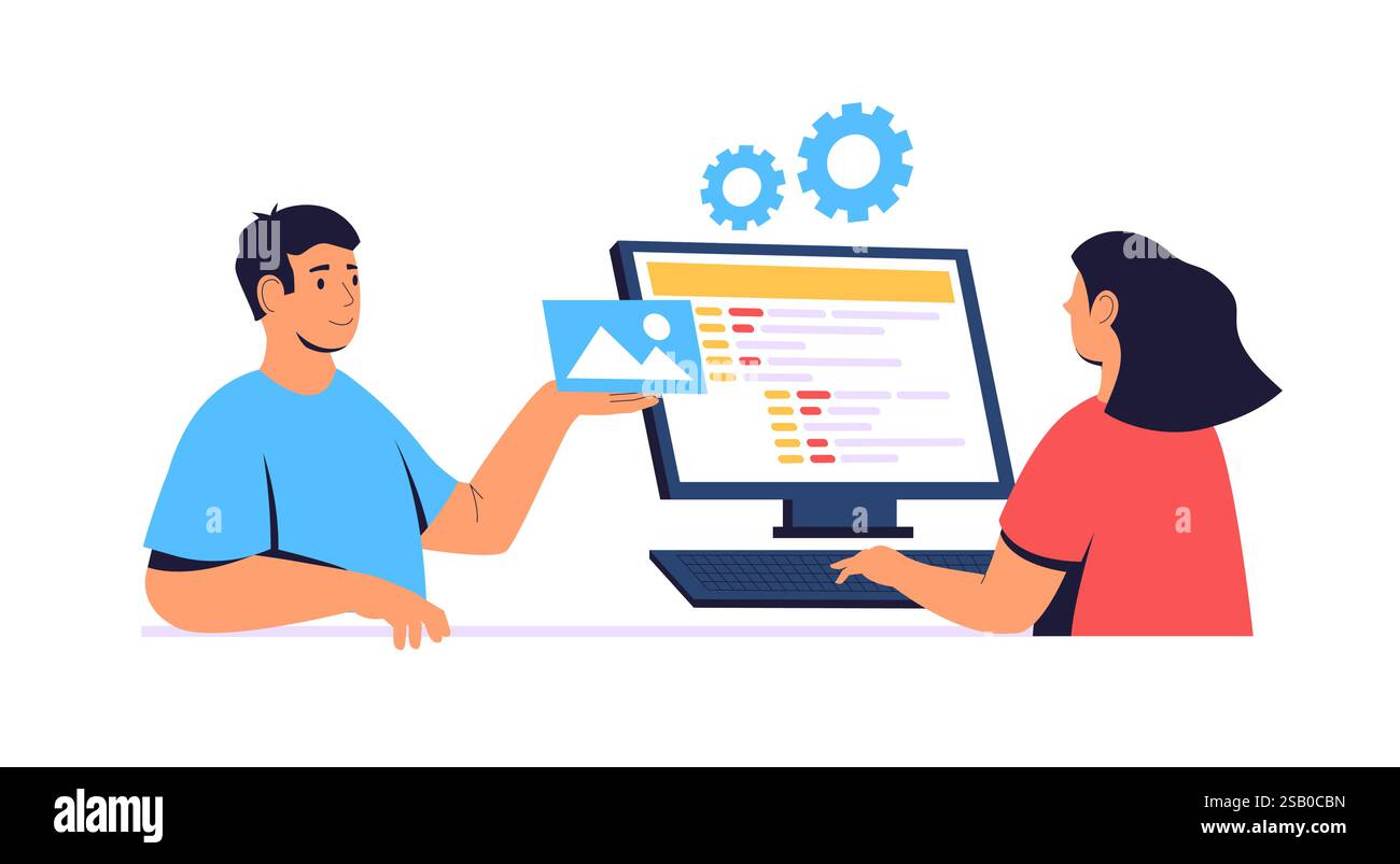 Two web developers are creating a mobile web page, one is adding an image while the other is writing code on the computer with gears symbolizing setti Stock Vector
