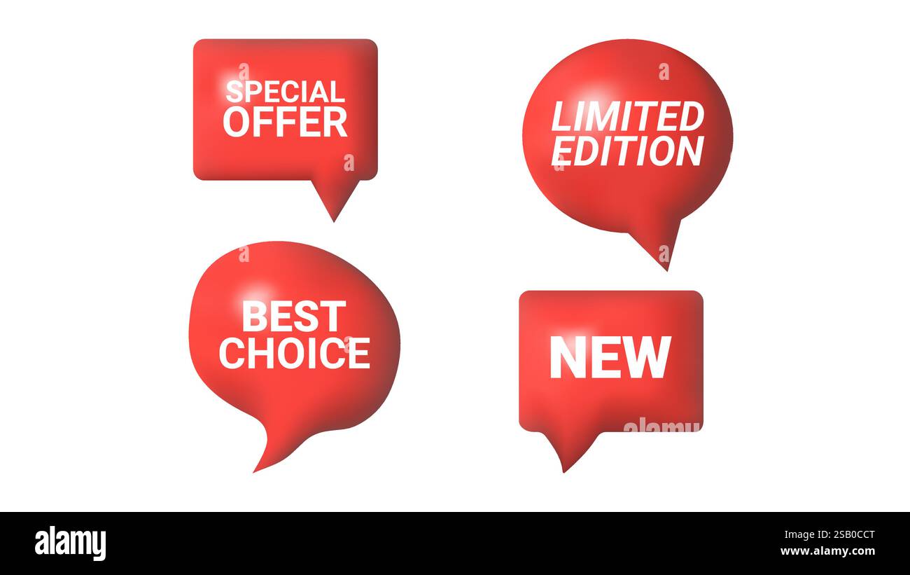 3D speech bubbles different shapes message icon. Red color with text ...