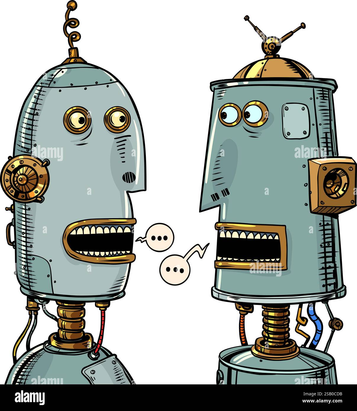 Communication interaction of robots with each other. Development of AI in vintage style. Cyborg friends communicate and text clouds. Stock Vector