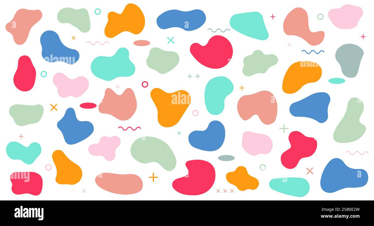 Collection of colorful curved blob shapes isolated on white. Liquid ...