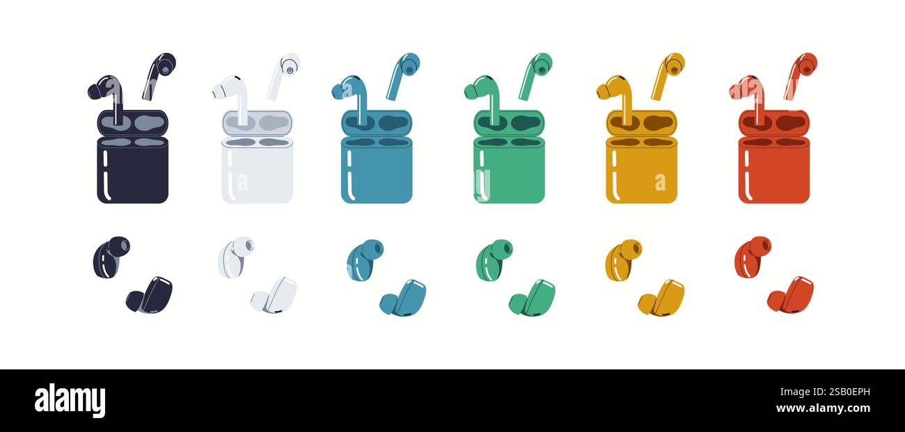 Earbuds stored in charging cases flat color vector icon set. Wireless earbuds provide immersive audio experience objects pack on white background Stock Vector