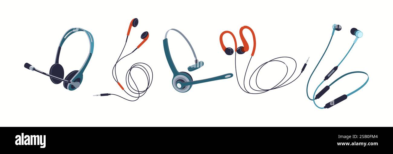 Stylish headphones and earphones flat color vector icon set. Devices ideal for entertainment and gaming purposes objects pack on white background Stock Vector