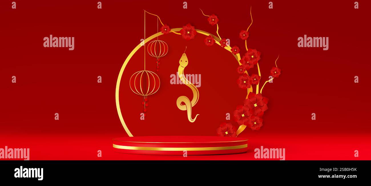 Chinese new year round podium design with golden snake, traditional ...