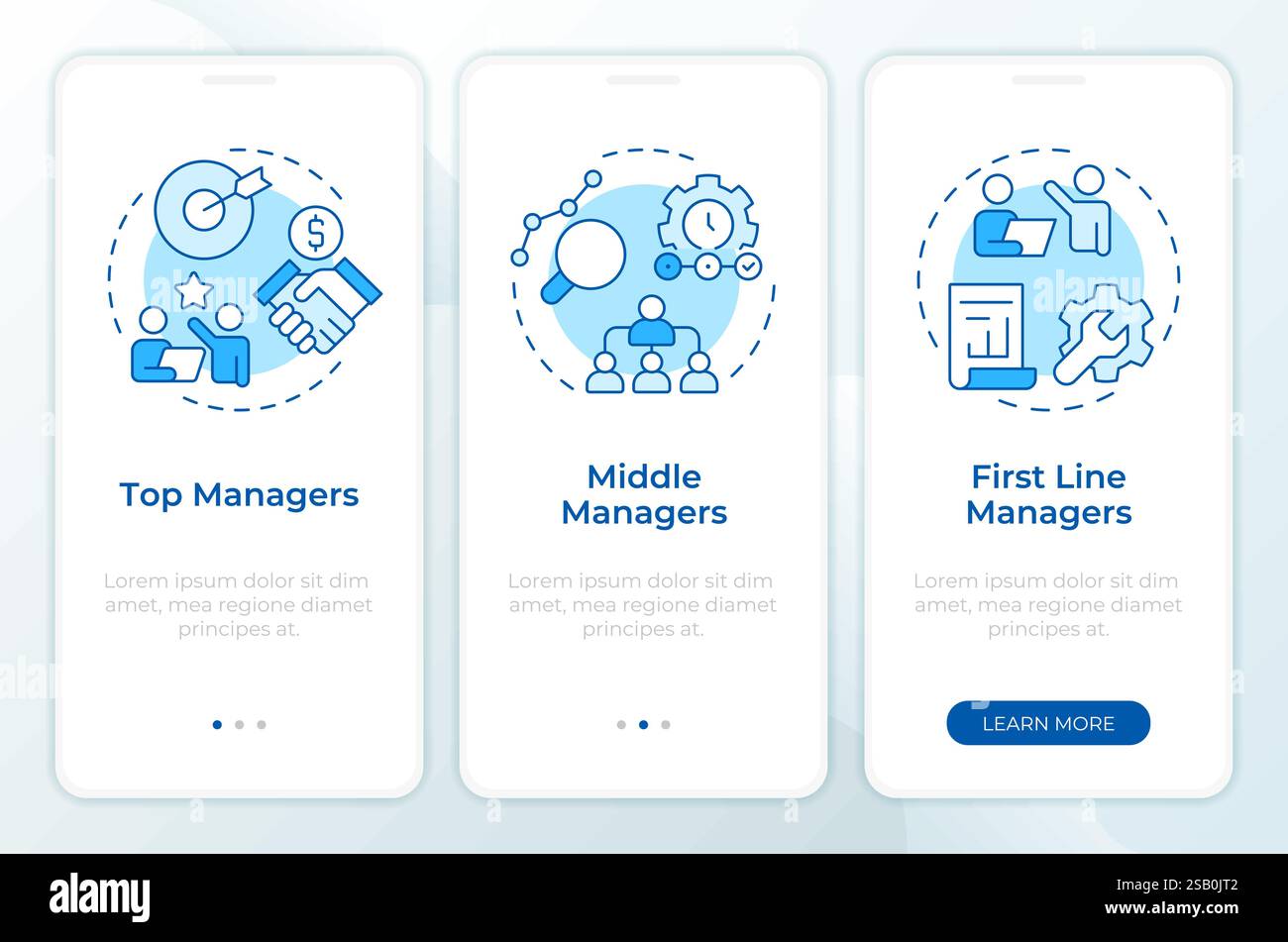 Levels of management blue onboarding mobile app screen Stock Vector ...