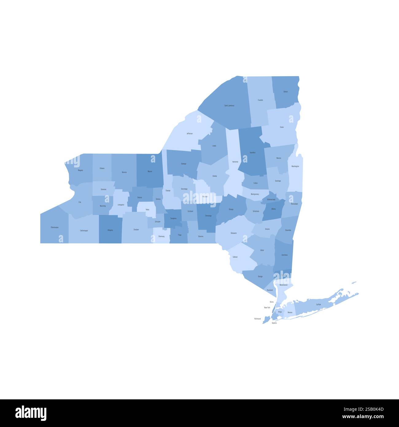 New York NY detailed political - New York Ny Detailed Political Map Of Us State Administrative Map Divided Into Counties Blue Map With County Name Labels Vector Illustration 2SB0K4D