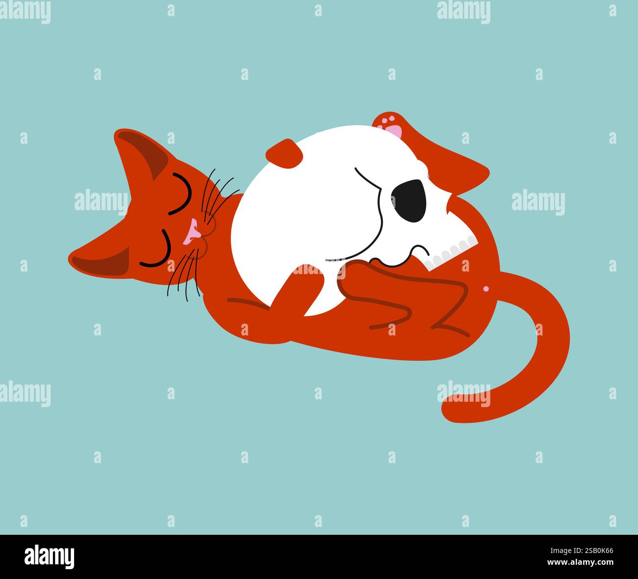 Cat plays with skull. Cat and skeleton head. Stock Vector