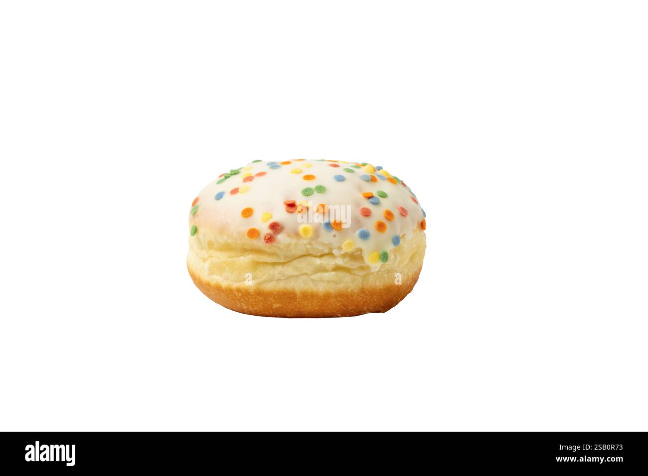 A donut with rainbow sprinkles on top. The donut is sitting on a white background Stock Photo
