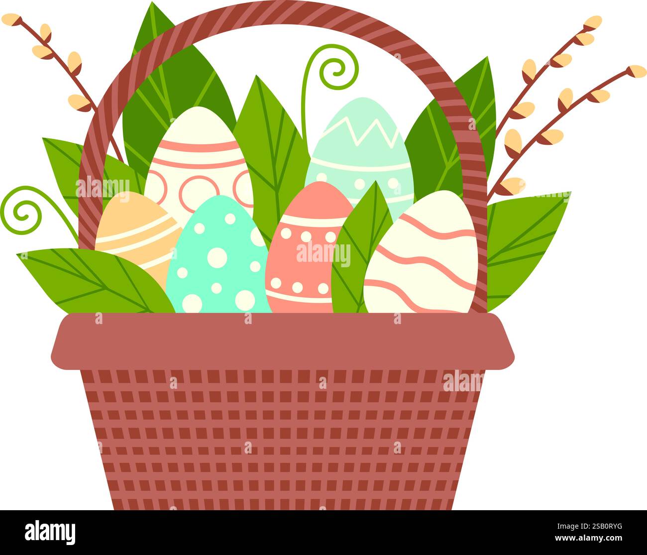 wicker basket with Easter eggs. Isolated flat vector illustration Stock Vector