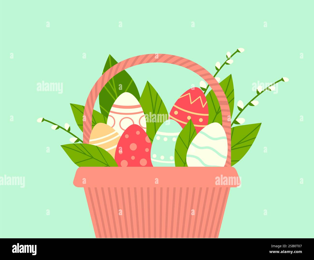 wicker basket with Easter eggs. Flat vector illustration Stock Vector