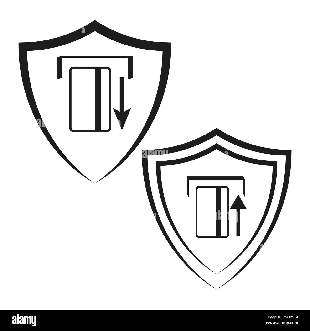 Payment card shield. Upward downward arrow. Transaction security icon. Vector protective symbol. Stock Vector