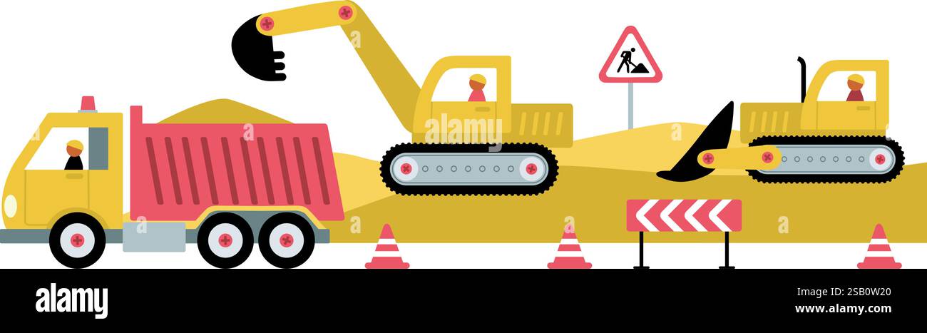 Construction site. Building process. Digger, bulldozer and dump truck at work. Flat vector illustration Stock Vector