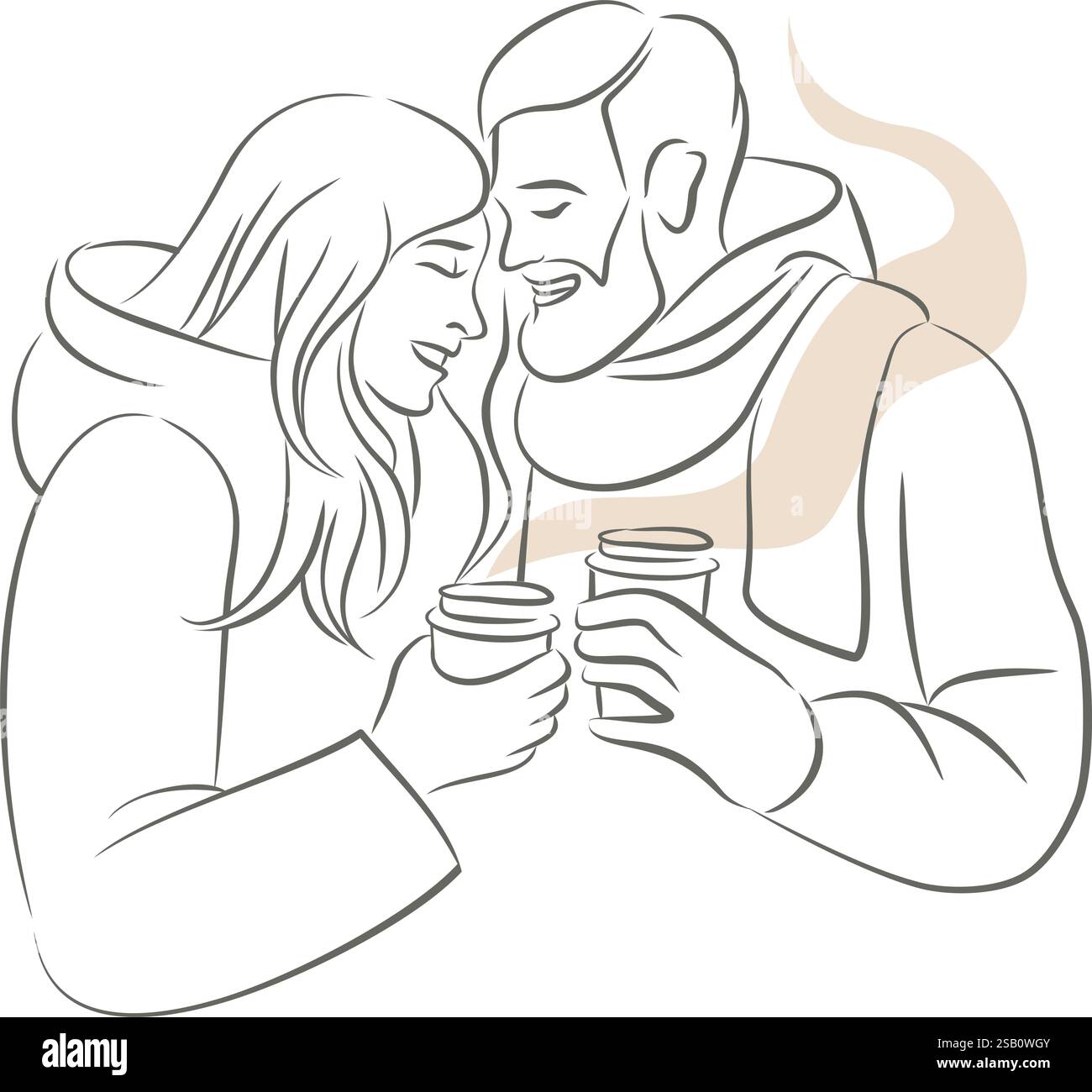 Cute couple in love in warm clothes holding paper cups with hot coffee or mulled wine in their hands. Simple linear vector drawing Stock Vector