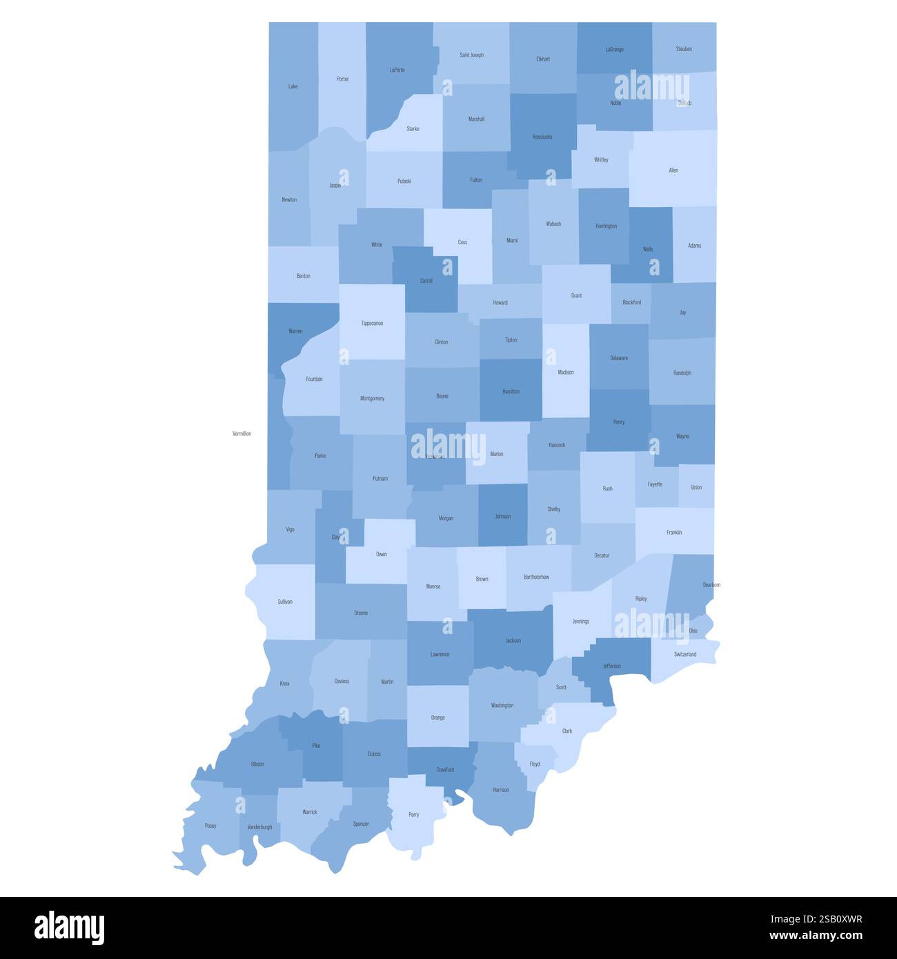 Indiana, IN detailed political map of US state. Administrative map